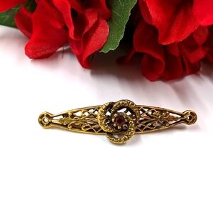 Ornate Design Brass Bar Style Vintage Brooch with Genuine Crystal Accent